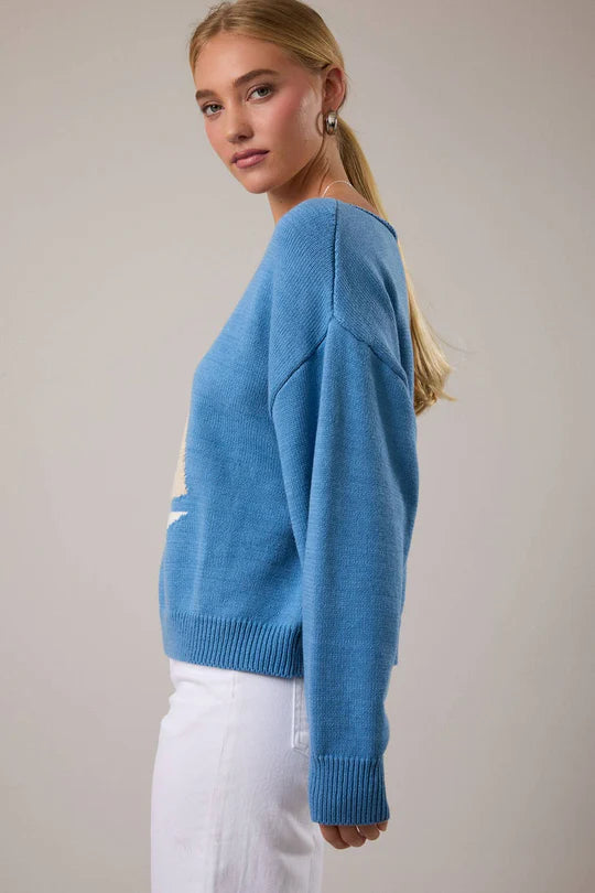 Blue Sailboat Boat Neck Sweater