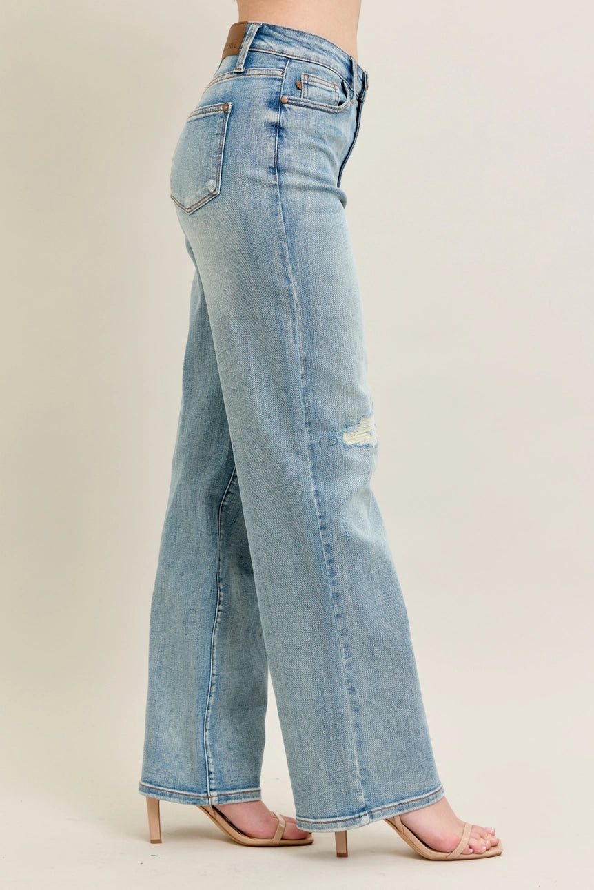 High Waisted Distressed & Knee Patch Straight Jeans