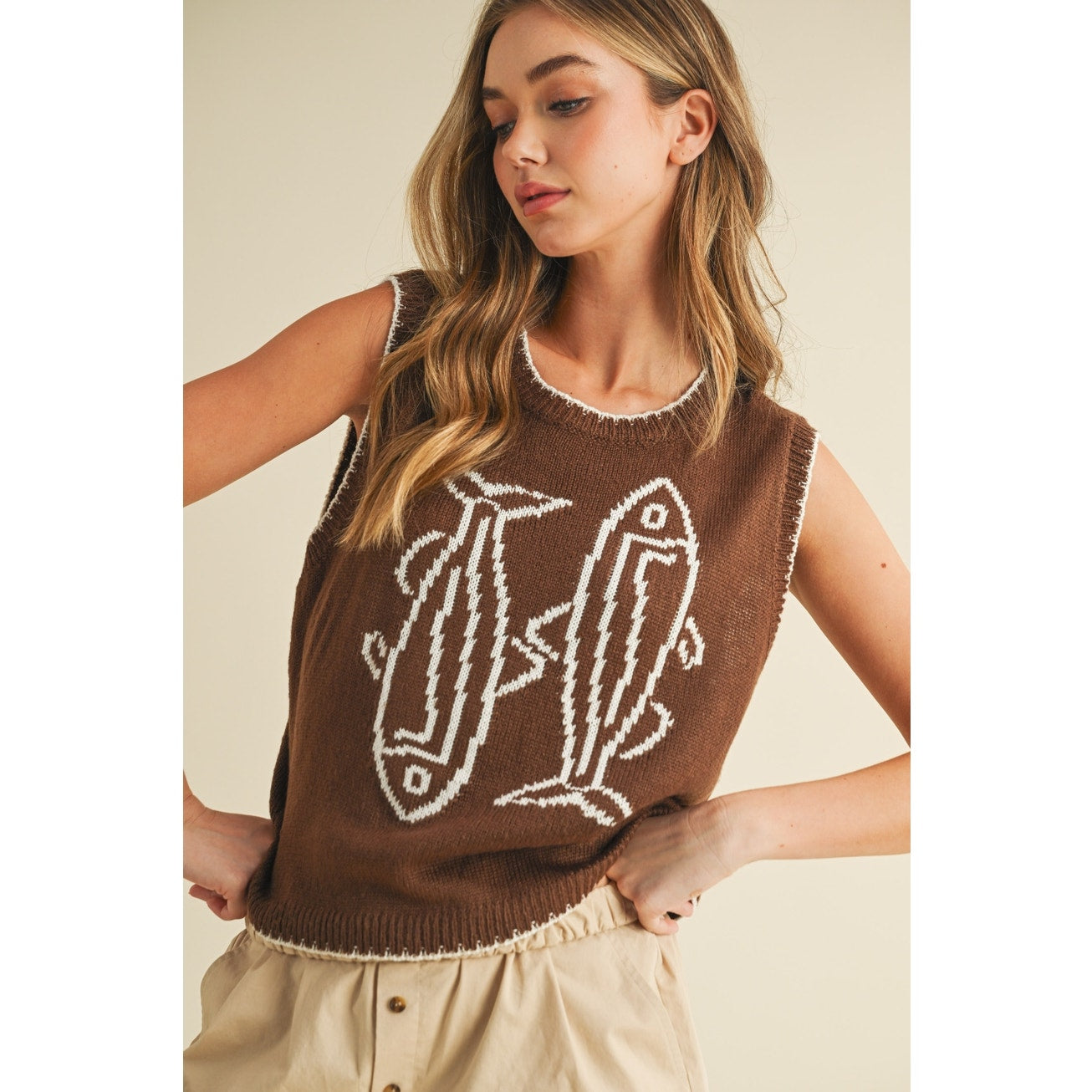 Brown & Cream Fish Printed Sleeveless Sweater Top