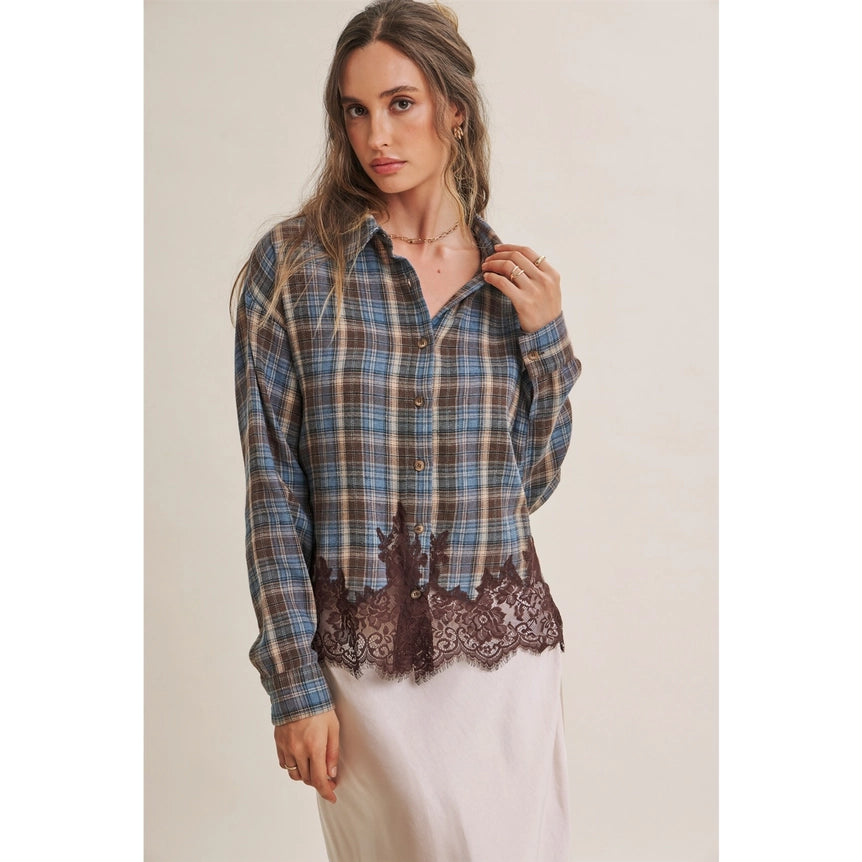 Western Romantic Plaid Eyelash Lace Hem Button-Down Shirt