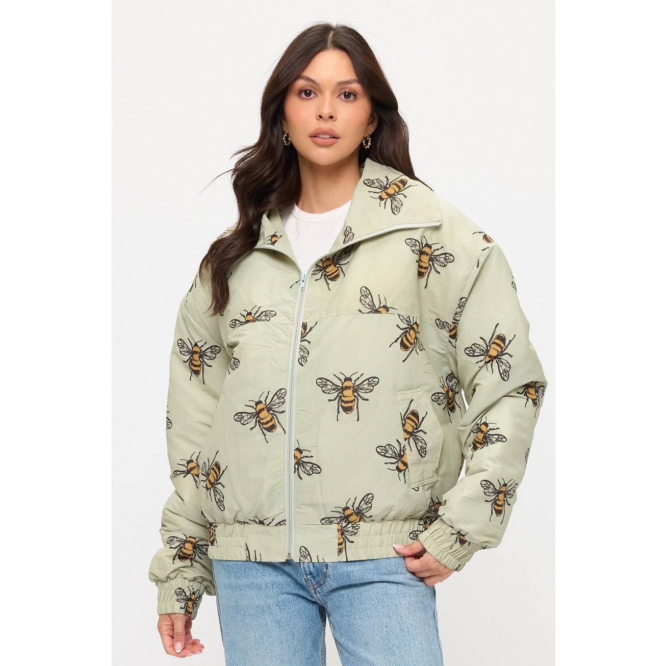 Bumble Bee Print Bomber Puffer Jacket