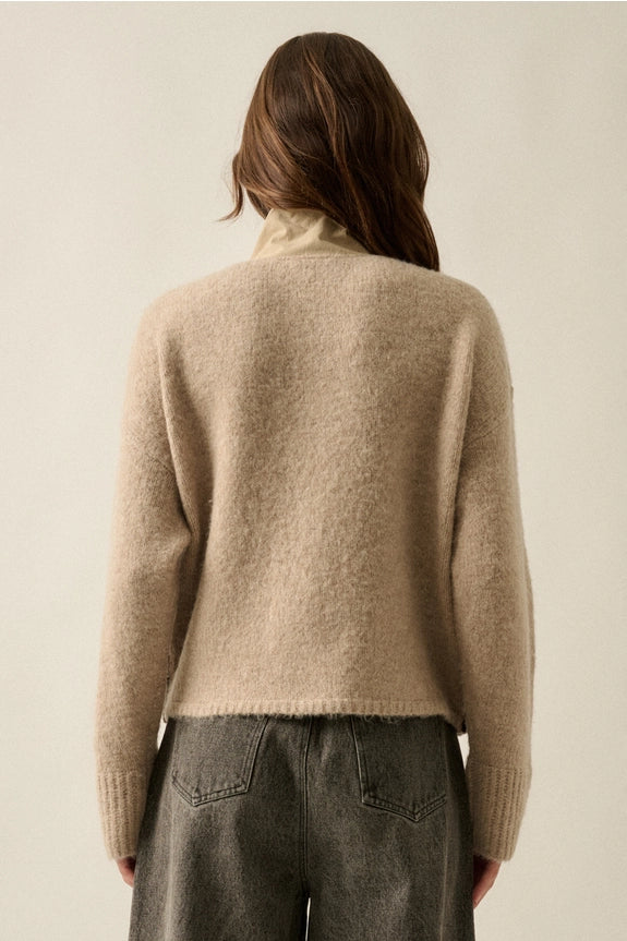 Oatmeal Jacquard-Knit Landscape Quarter-Zip Pullover Sweater Jacket