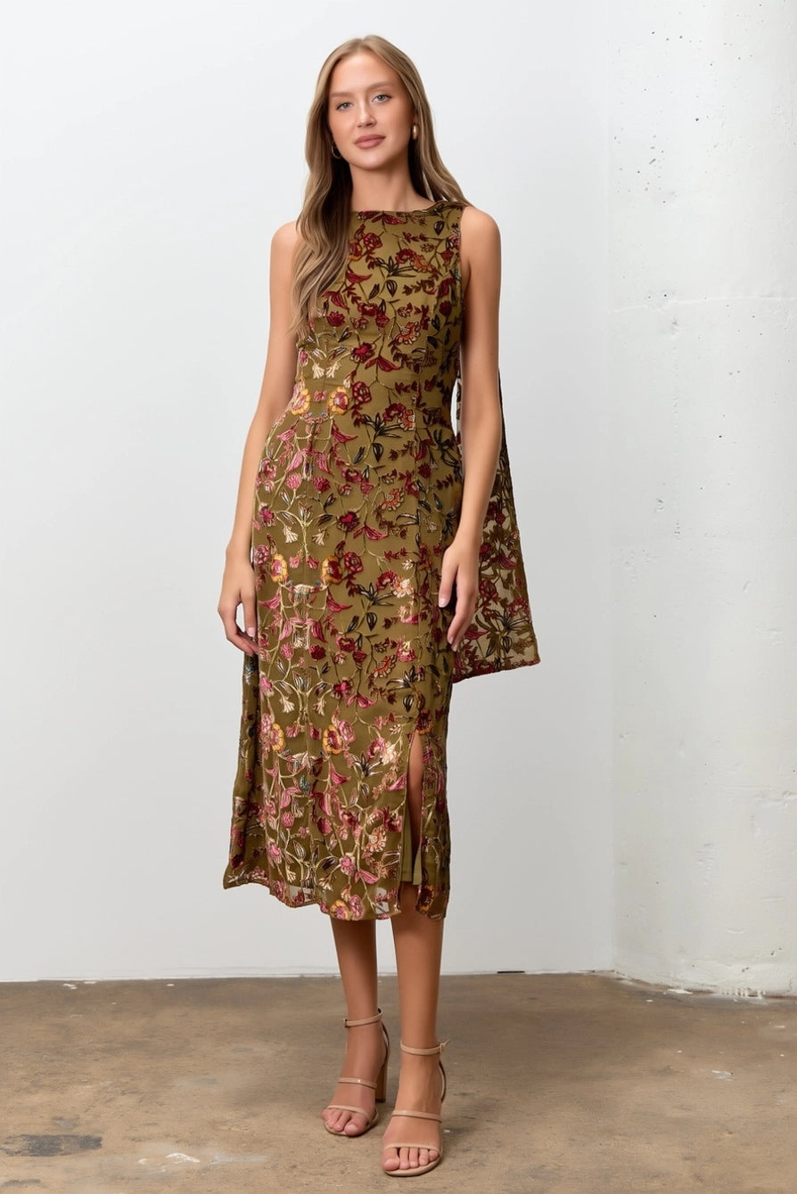 Olive Burnout Velvet Boat Neck Midi Dress