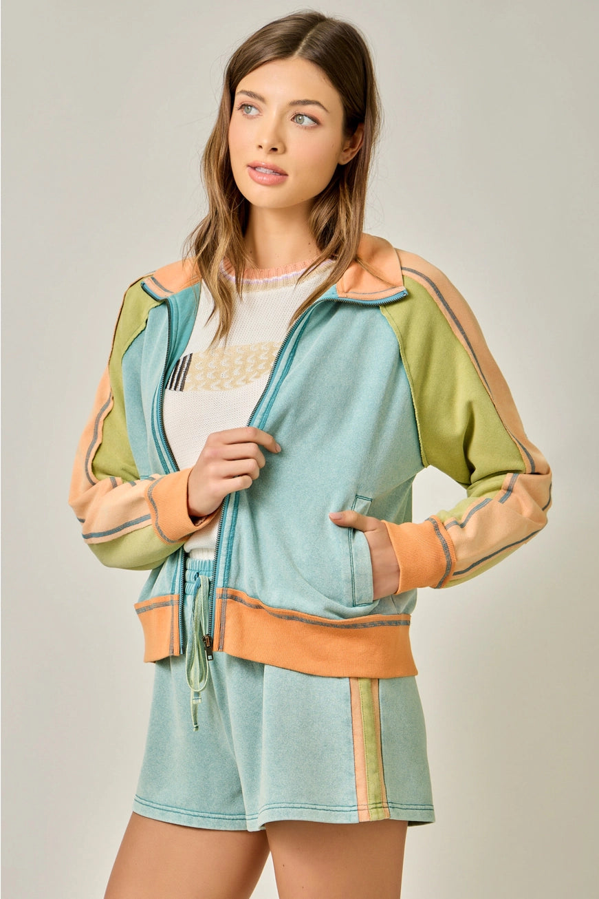 Seafoam Orange Color Block Zipped Up Jacket
