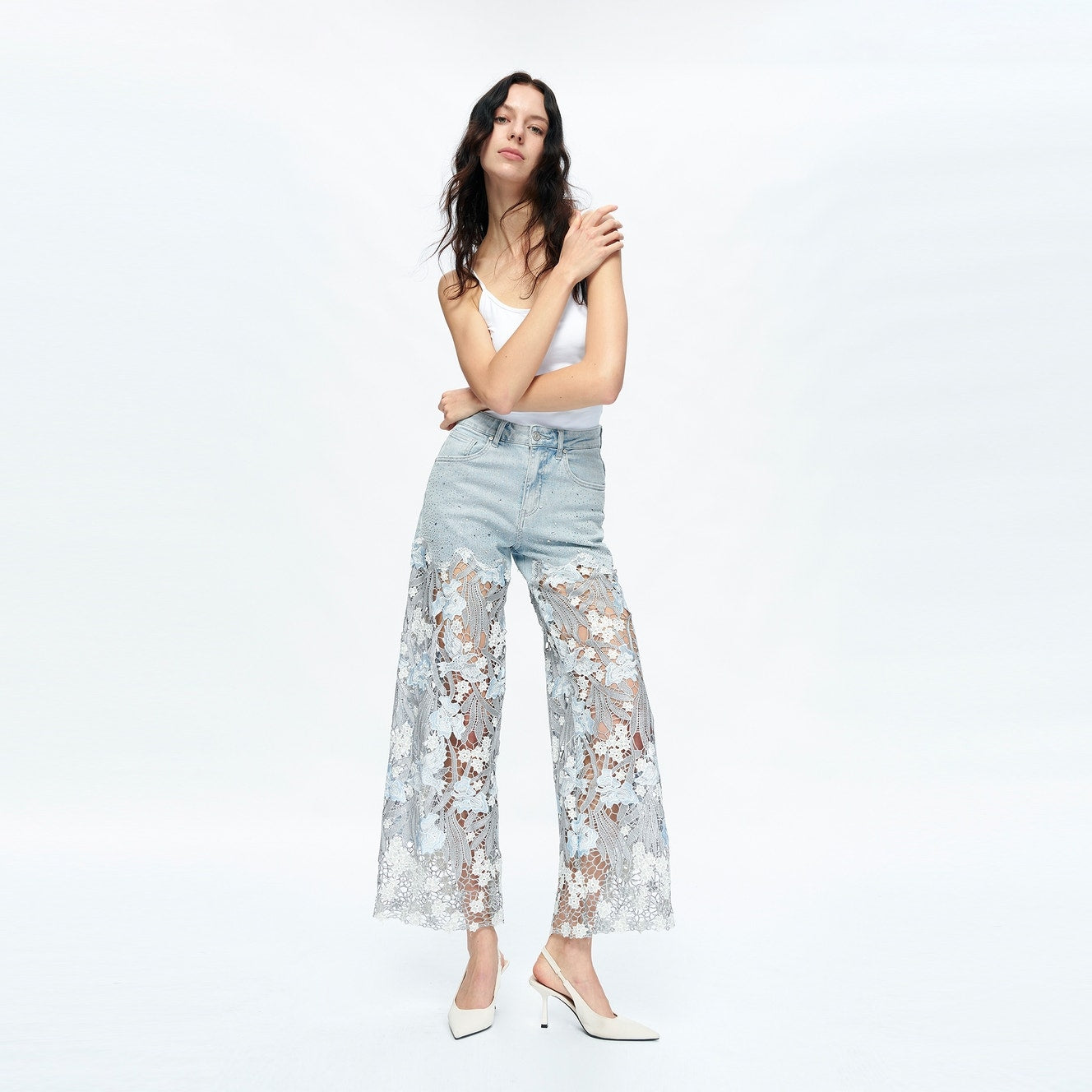 High Rise Wide Leg Jeans with Lace and Rhinestones