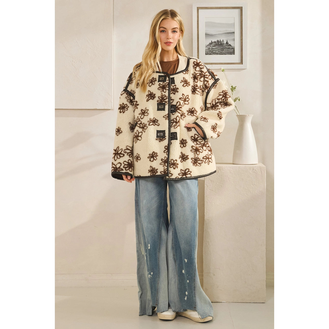 Oversized Floral Front Button Metal Clasp Jacket