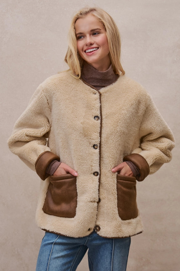 Faux Shearling Jacket with Suede Pockets