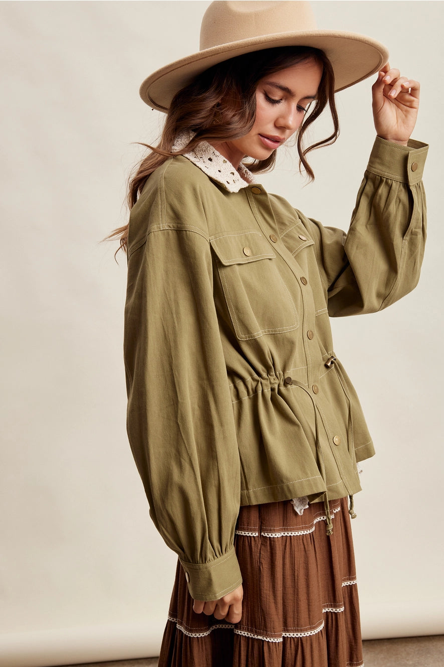 Olive Crochet Collar Utility Jacket
