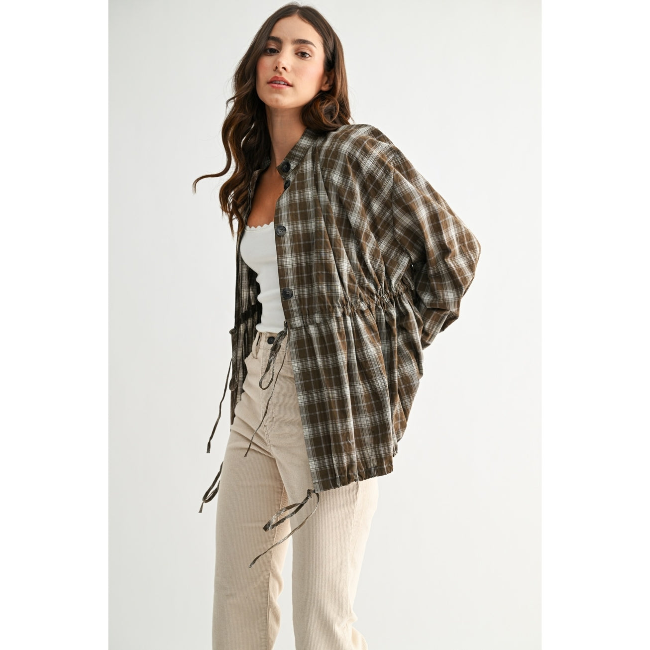 Olive Plaid Drawstring-Waist Jacket