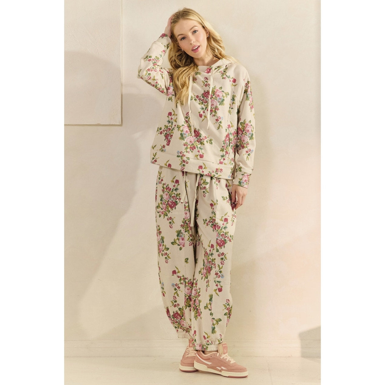 Beige Floral Printed French Terry Pants