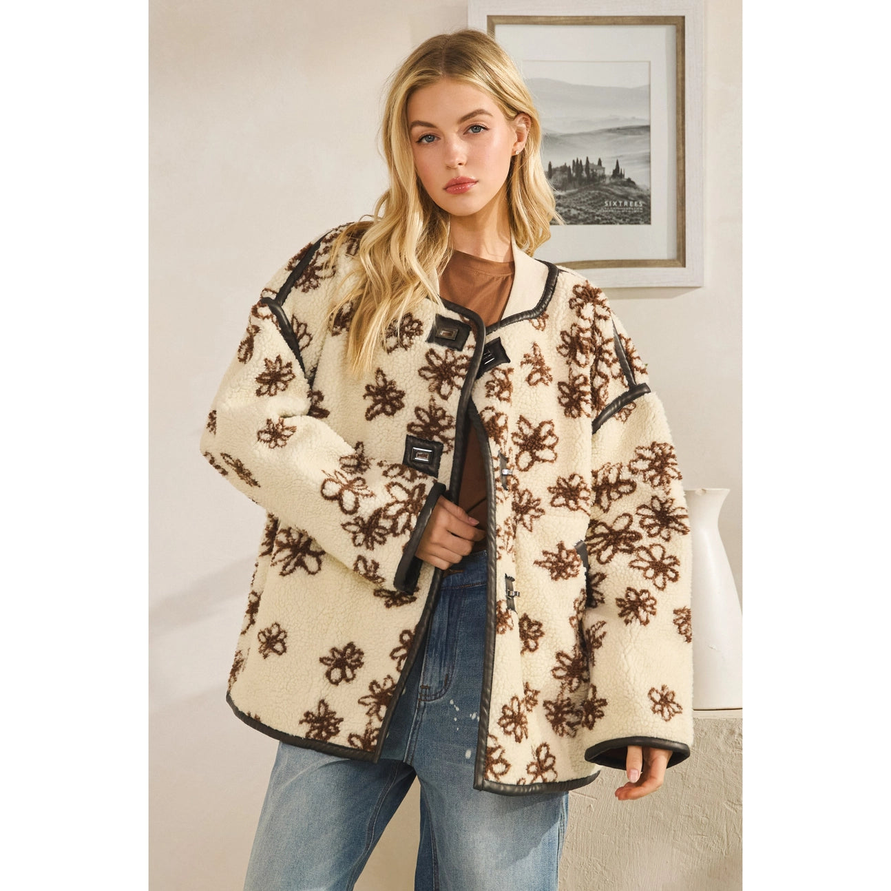 Oversized Floral Front Button Metal Clasp Jacket