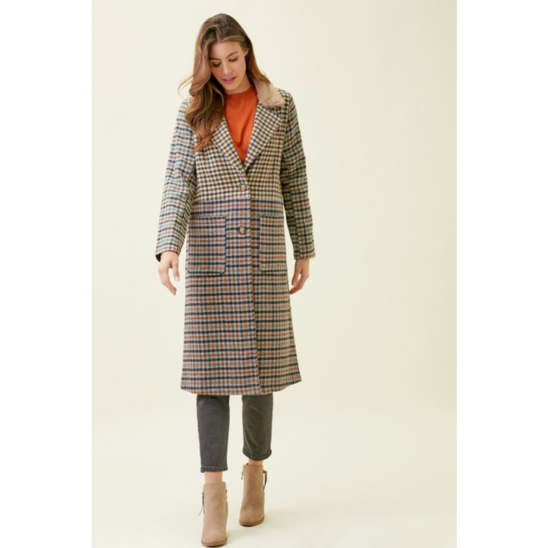 Taupe Mix Plaid Long Coat with Faux Fur Collar