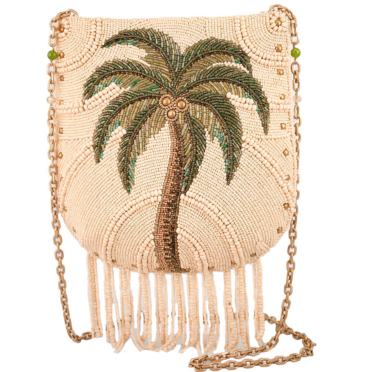 Mary Frances Coconutty Palmtree and Beaded Fringe Crossbody Handbag