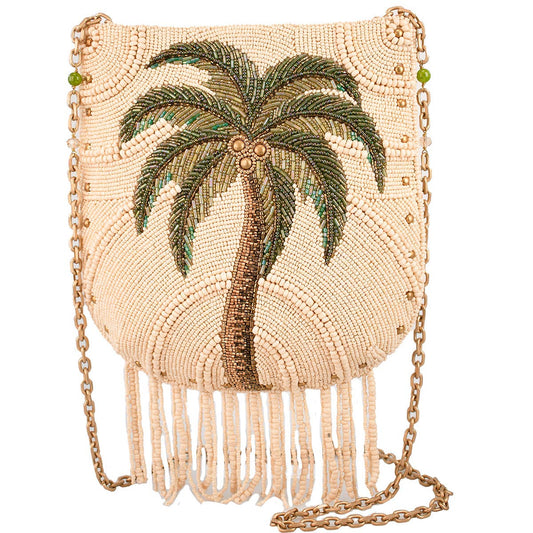 Mary Frances Coconutty Palmtree and Beaded Fringe Crossbody Handbag
