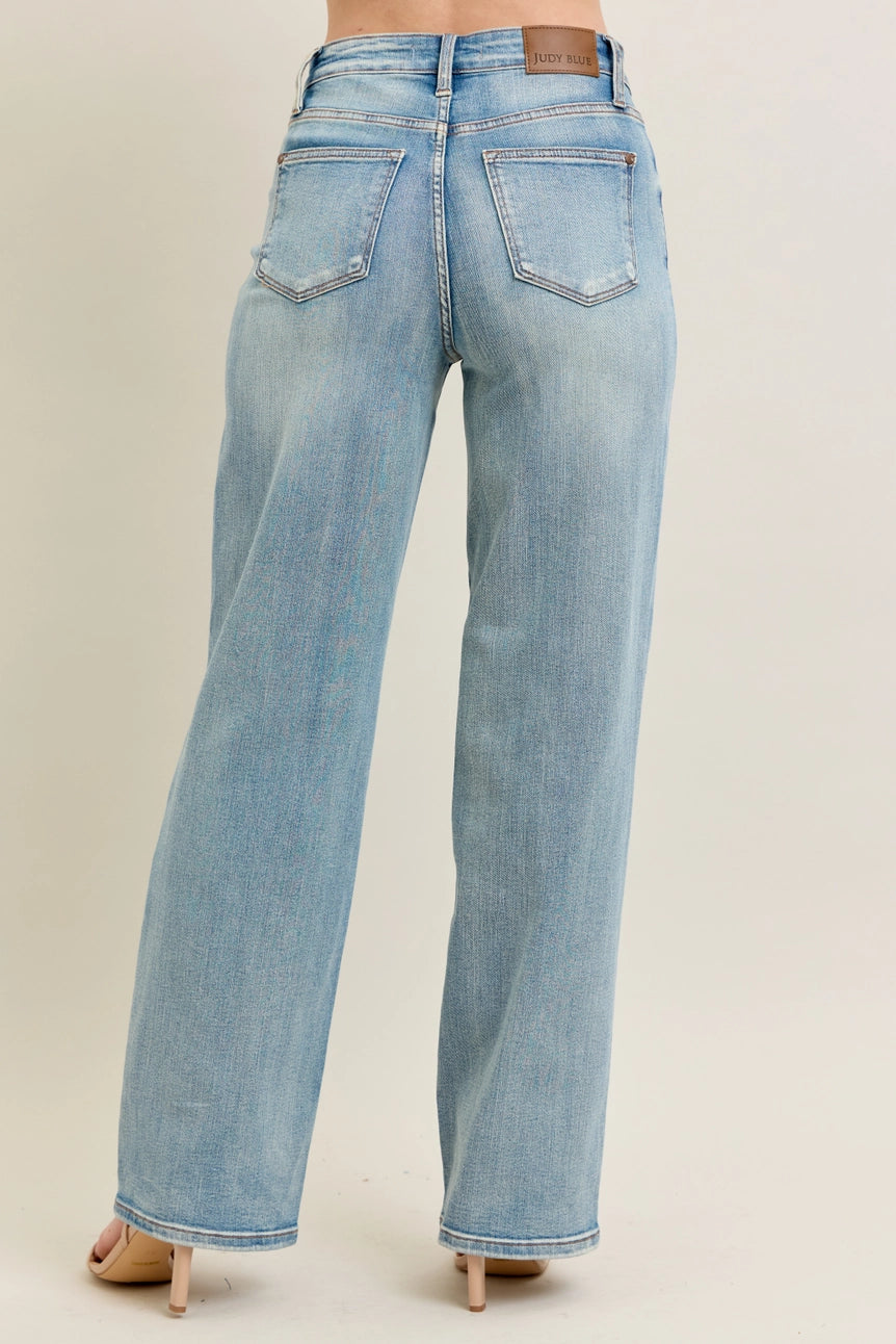 High Waisted Distressed & Knee Patch Straight Jeans