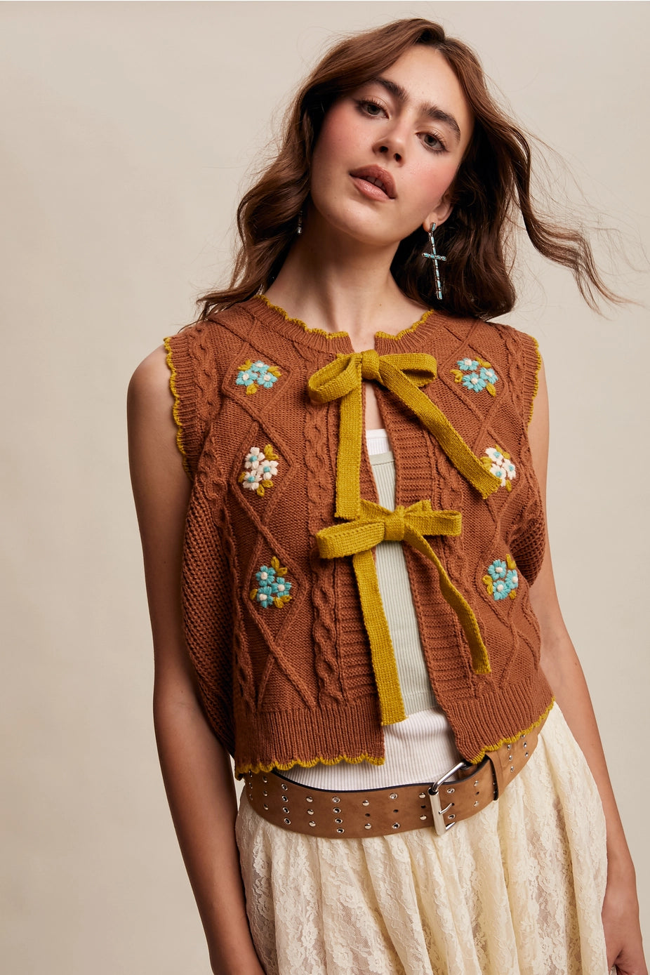 Pecan Bow-Tie Floral Knit Vest
