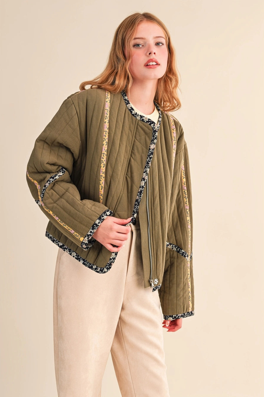 Olive Quilted Jacket with Contrast Binding Detail
