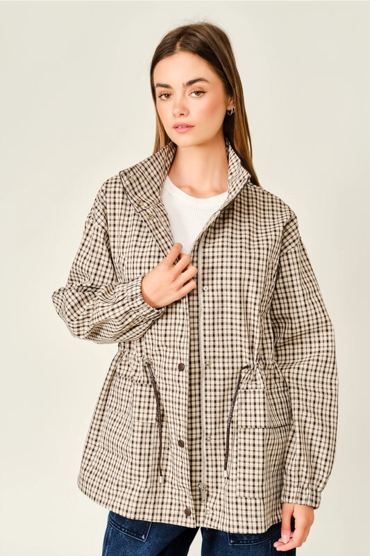 Plaid Faux Leather Mock Neck Detail Jacket