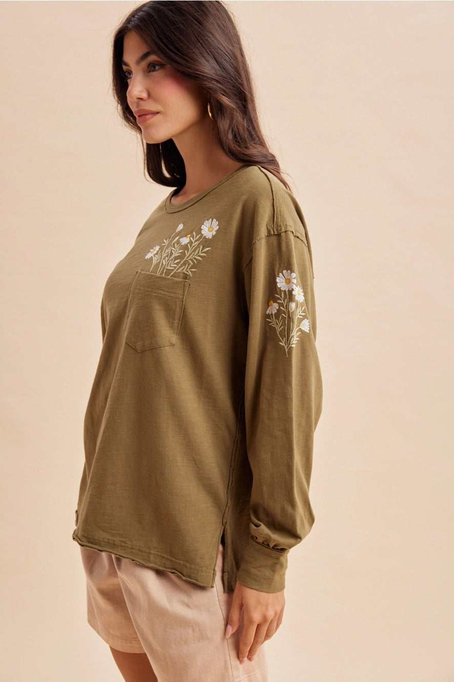 Embroidered Long Sleeve Pullover - Burnt Olive