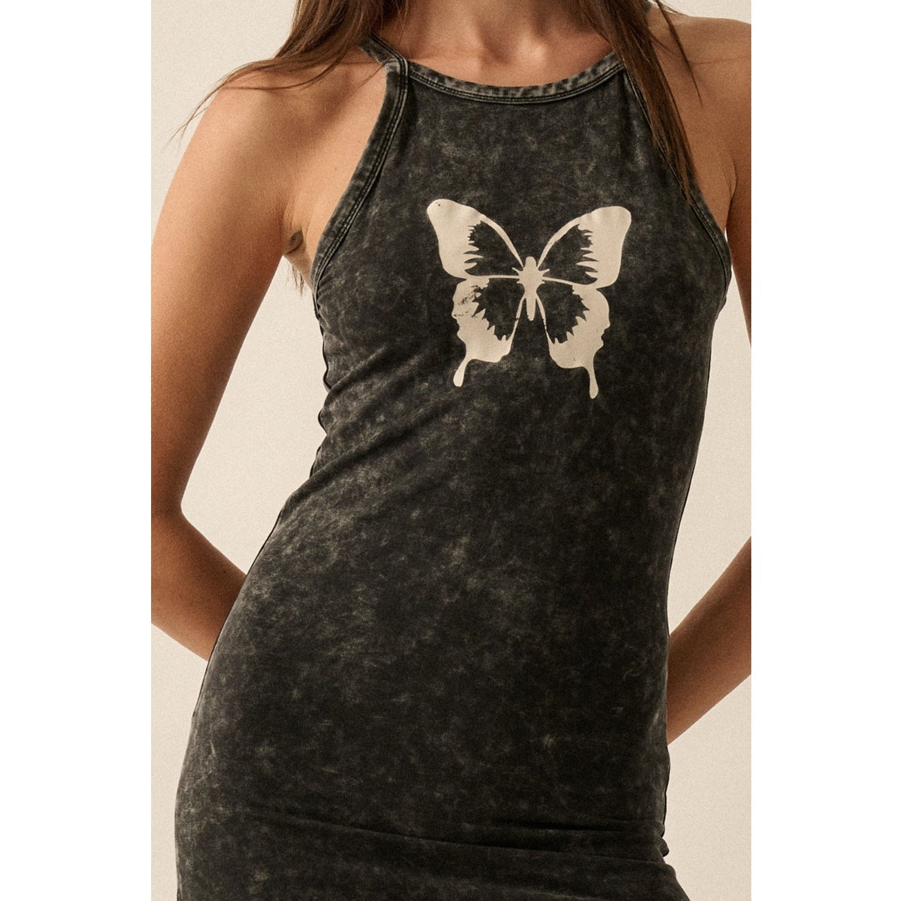 Charcoal Vintage Wash Butterfly Graphic Tank Maxi Dress