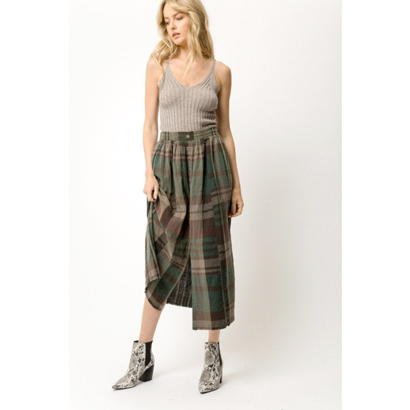 Acid Wash Plaid Front Button Skirt