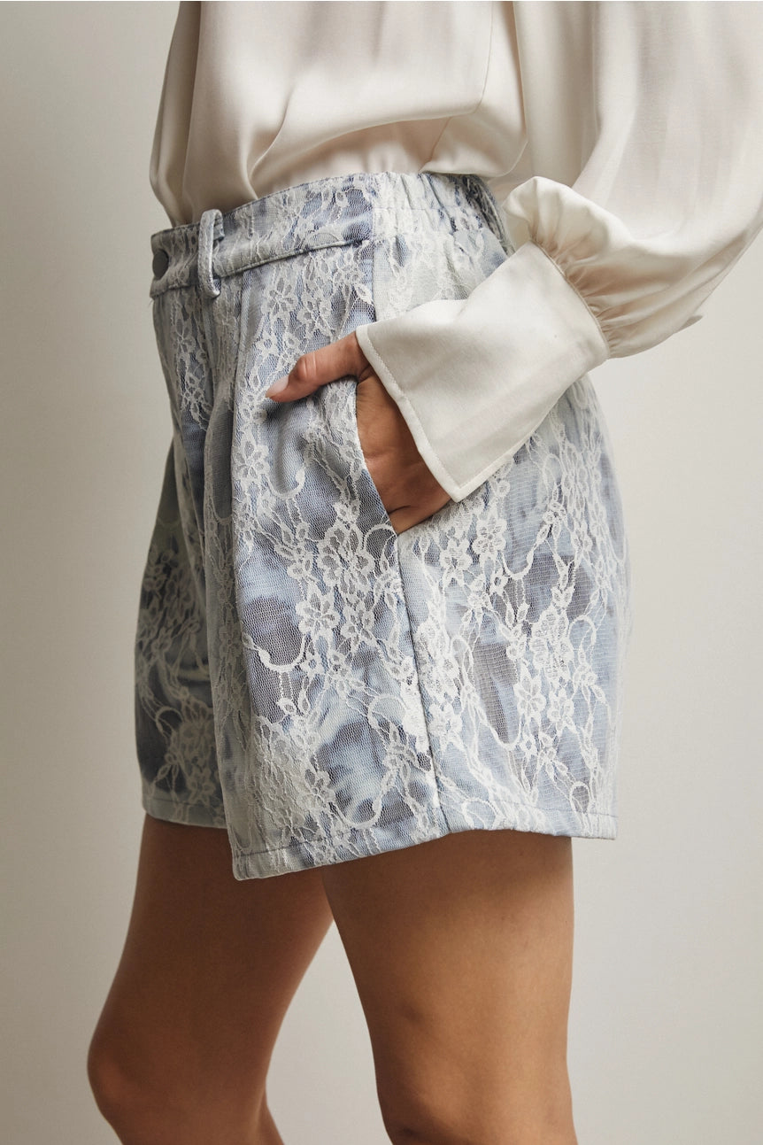 Lace Overlay Denim Shorts