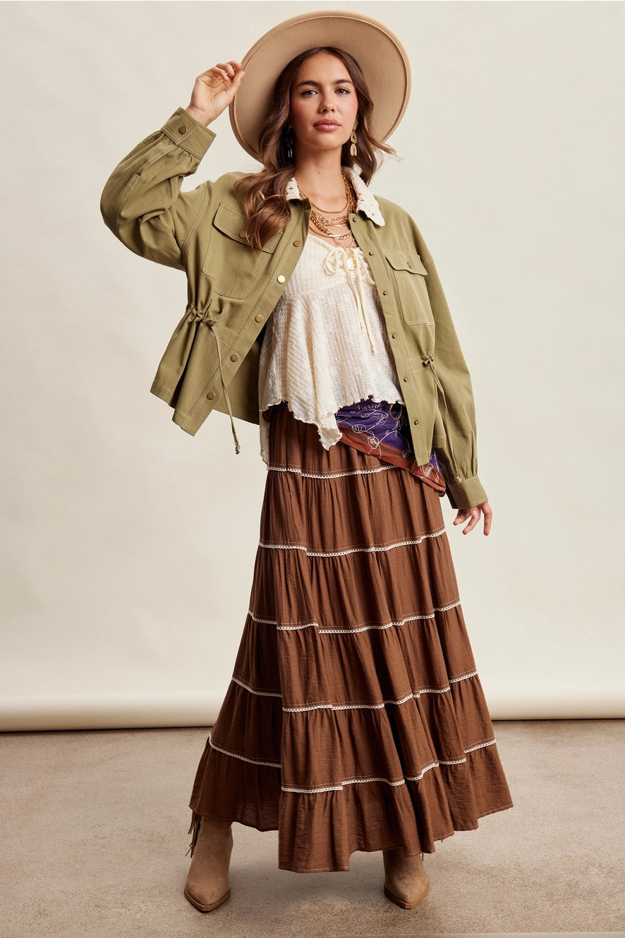 Olive Crochet Collar Utility Jacket