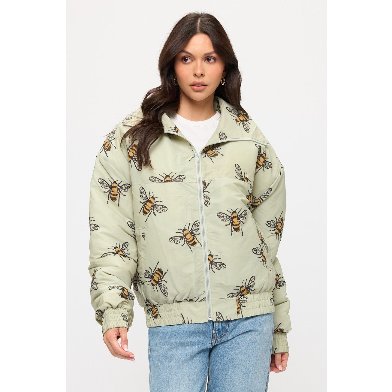 Bumble Bee Print Bomber Puffer Jacket