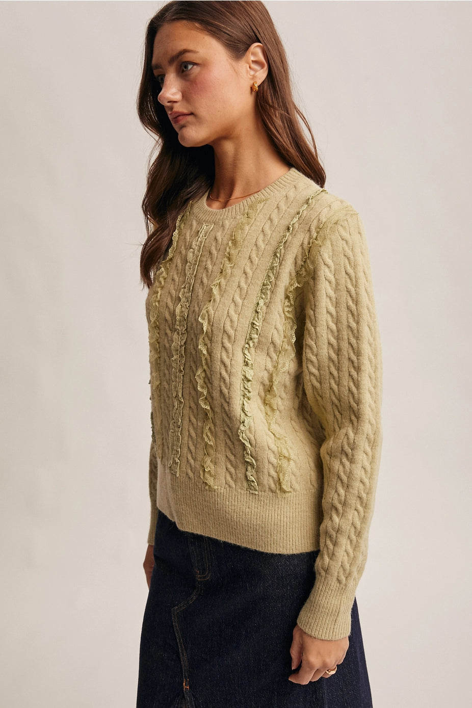 Matcha Lace Trim Cable Knit Pullover