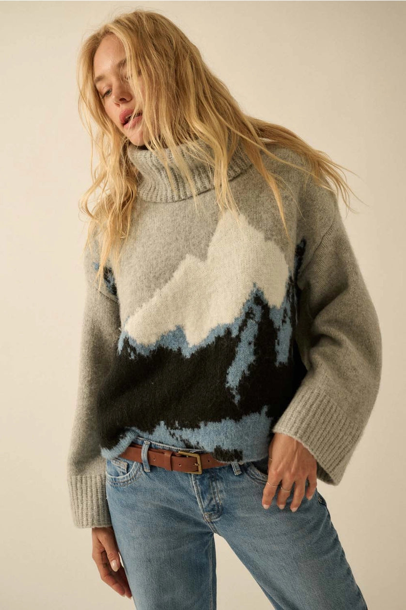 Mountains Fuzzy Jacquard-Knit Turtleneck Sweater