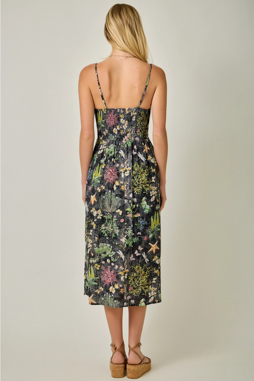 Black Printed Double Gauze Smock Dress
