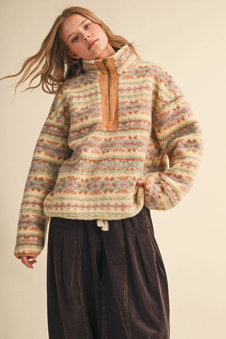 Faux Sherpa Aztec Pattern Half Zip Pullover