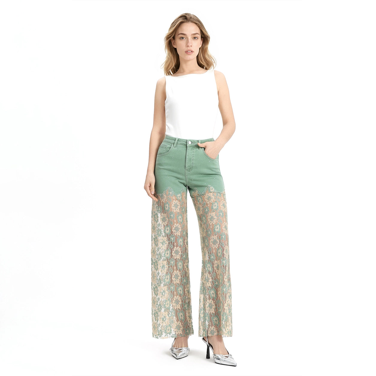 Emerald Green High Rise Lace Pants with Rhinestones