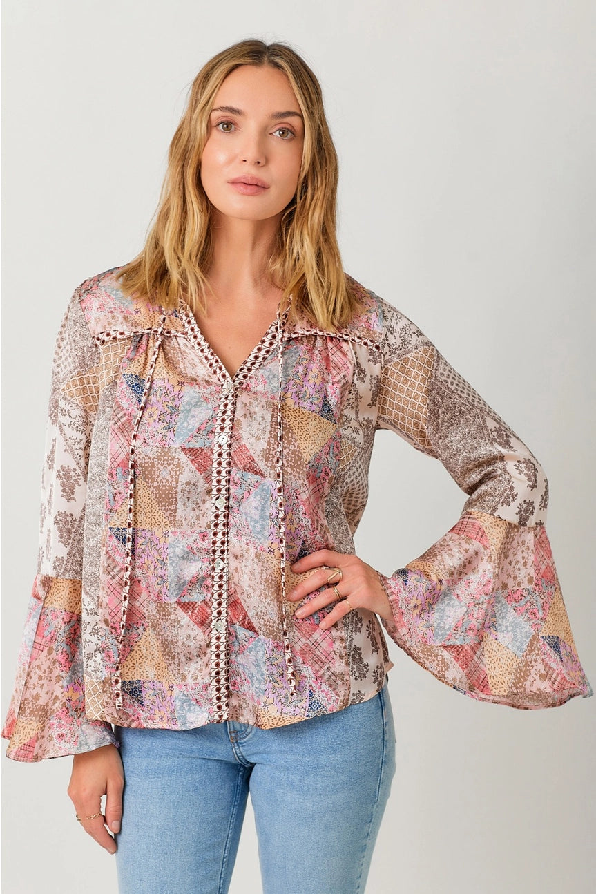 Mixed Print Bell Sleeve Shirt