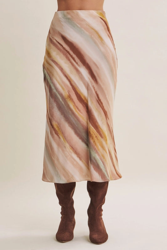 Earthy Watercolor Abstract Silky Satin Bias Maxi Skirt