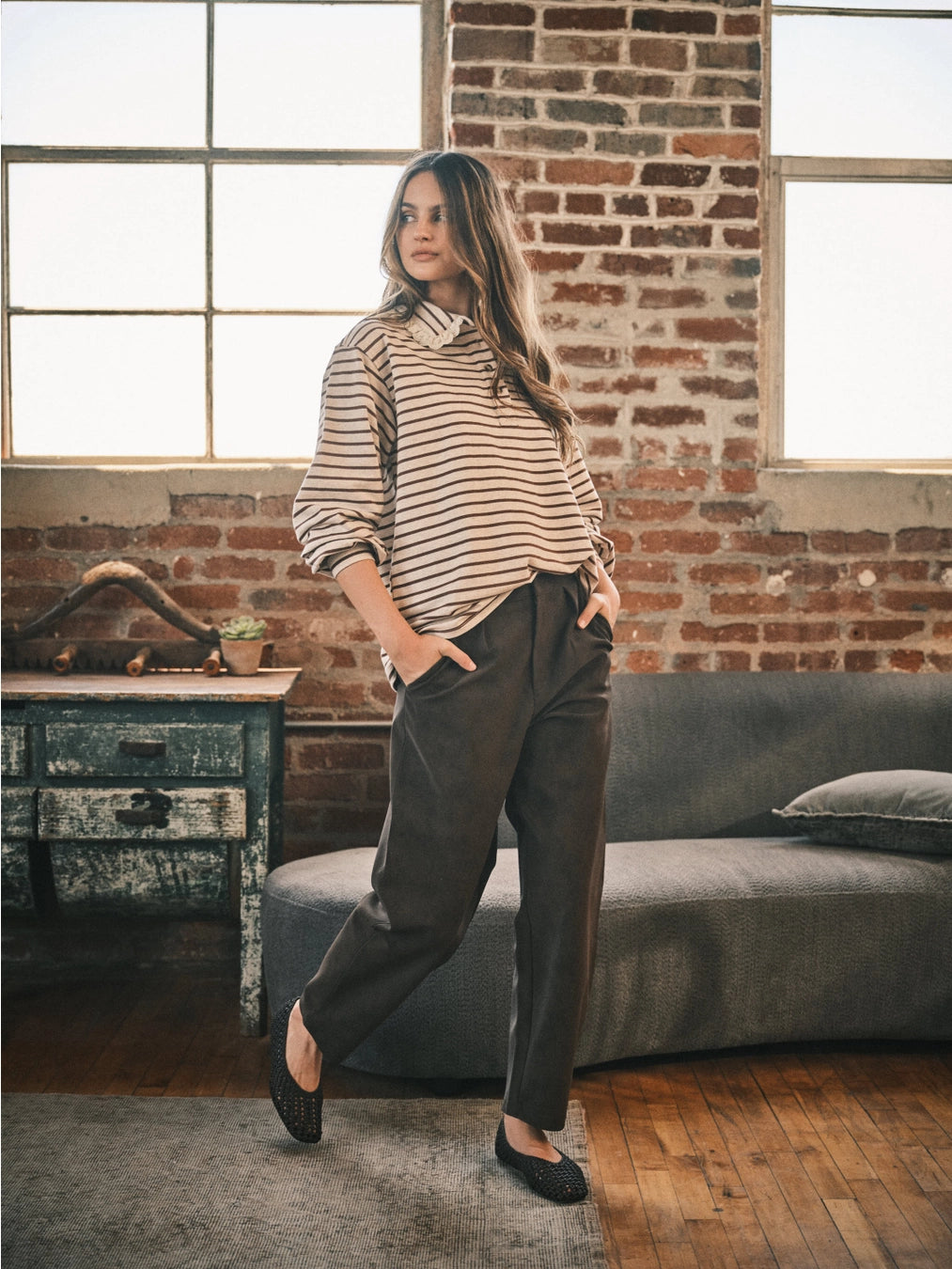 Oatmeal Striped Lace Collar Polo Top