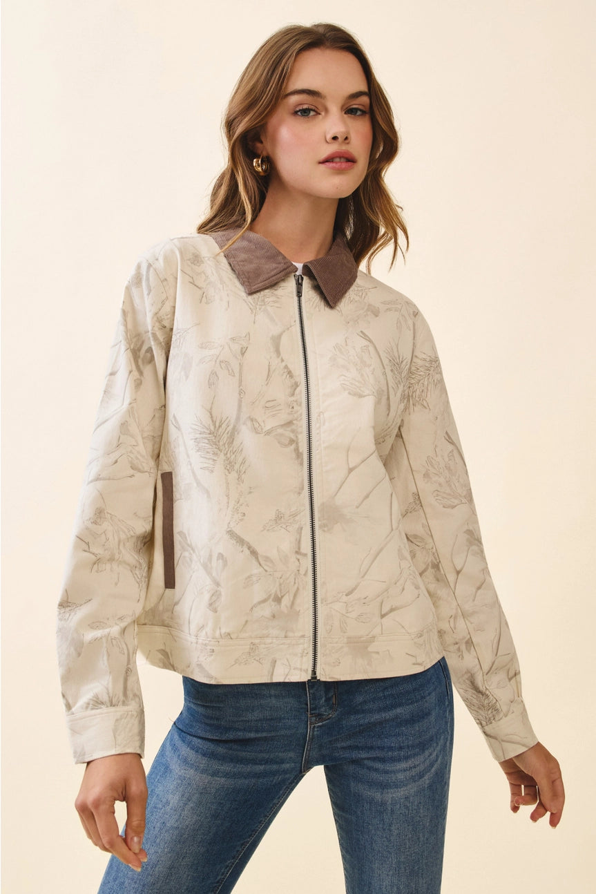 Floral Print Corduroy Detail Jacket