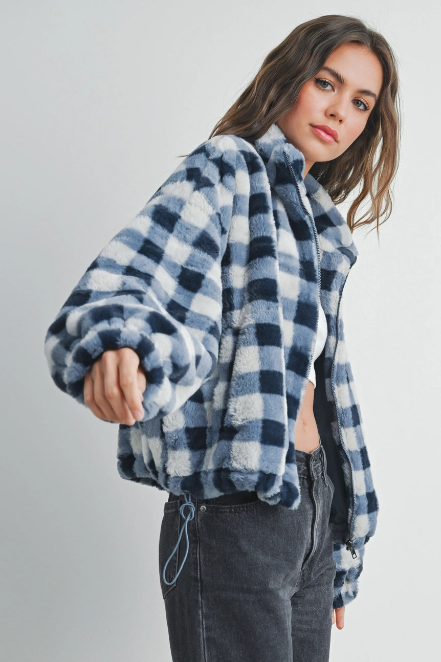 Picnic Drop Shoulder Plaid Fuzzy Jacket