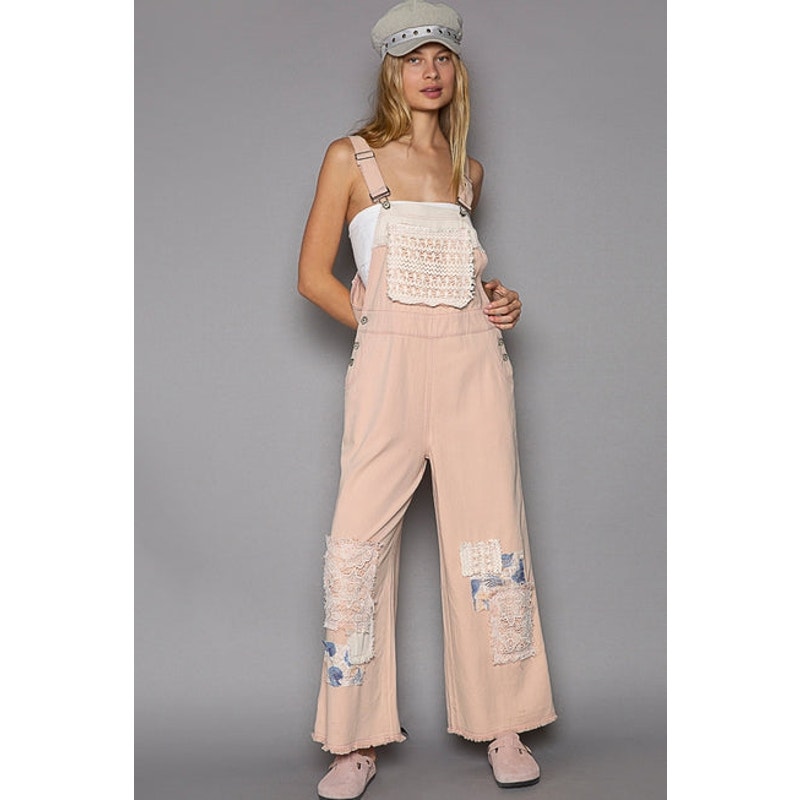 Salmon Pink Crochet Patchwork Detail Casual Denim Overalls