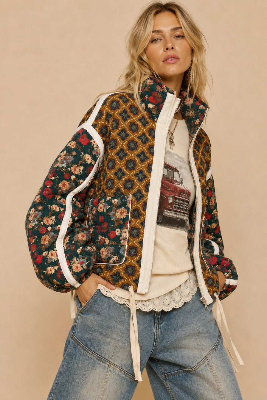 Marigold Garden Patchwork Quilted Bomber Jacket