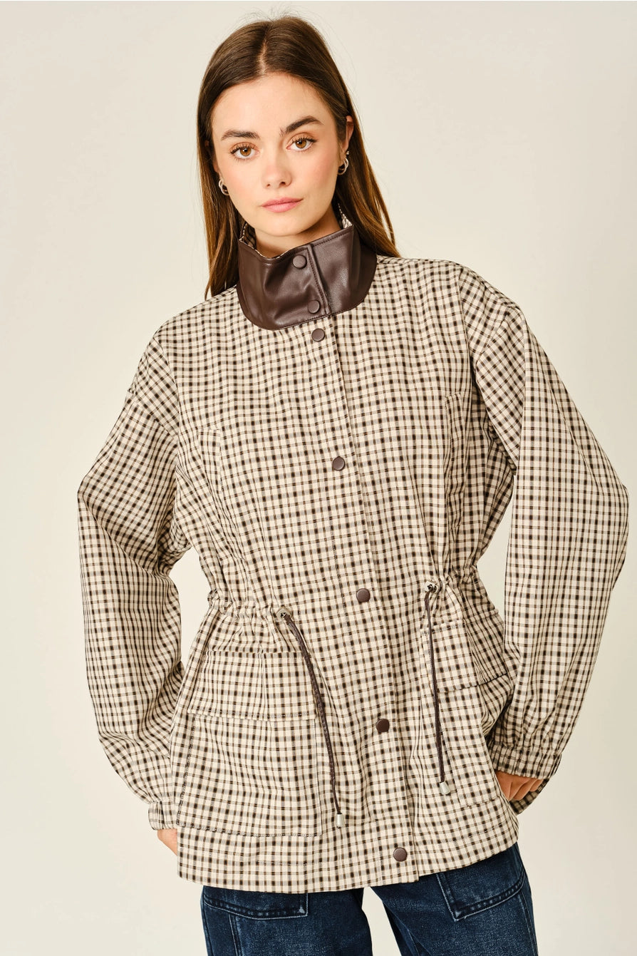 Plaid Faux Leather Mock Neck Detail Jacket