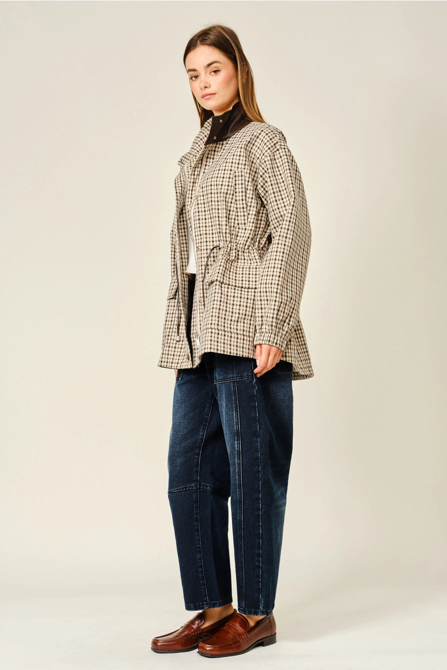 Plaid Faux Leather Mock Neck Detail Jacket