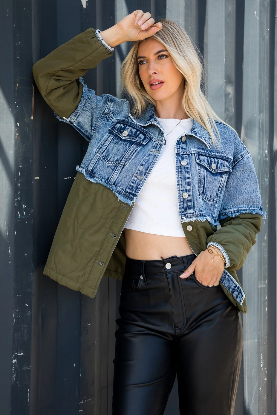 Acid Wash Denim Quilted Mixed Jacket