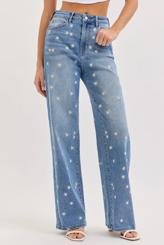 Daisy Embroidered High Rise Wide Leg Jeans