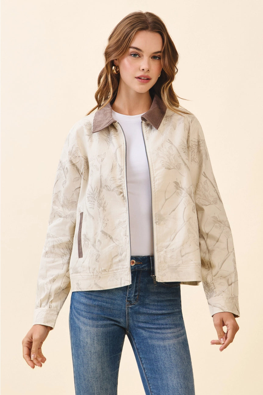 Floral Print Corduroy Detail Jacket