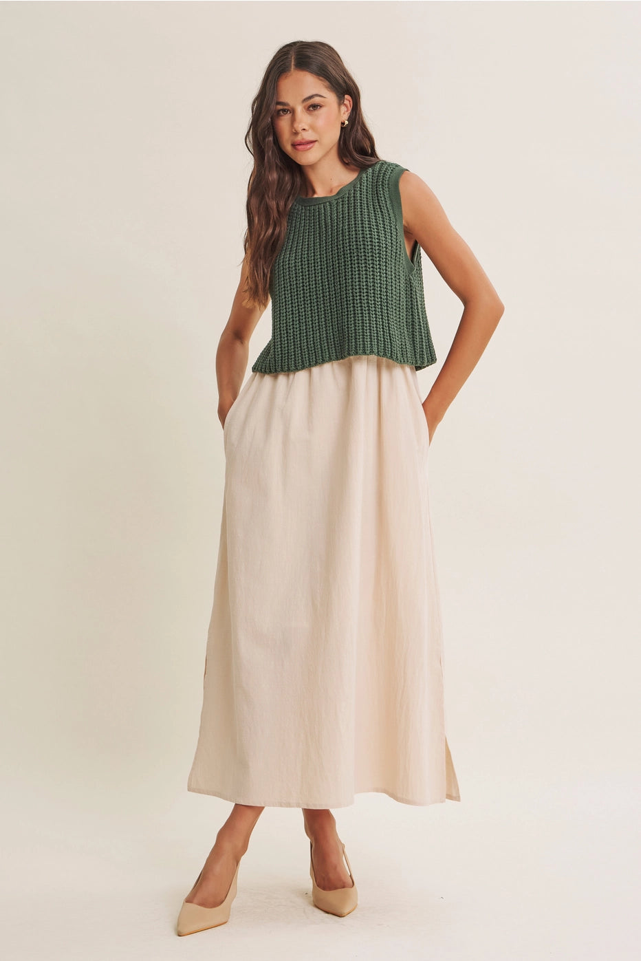 Forest Green Chunky Sweater Mixed Media Midi Dress