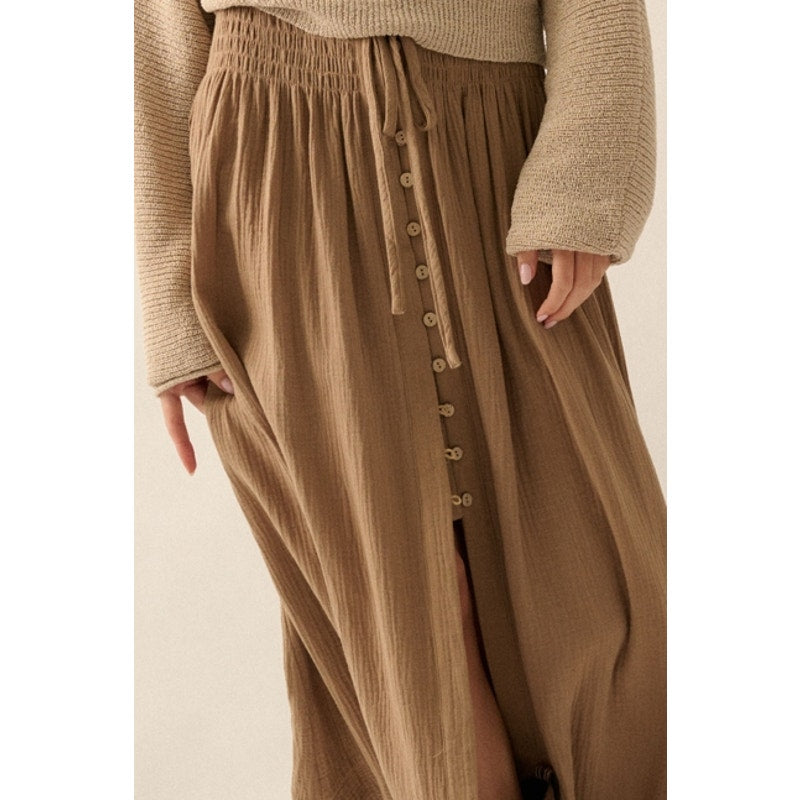 Espresso Smocked Elastic-Waist Front-Slit Crepe Maxi Skirt