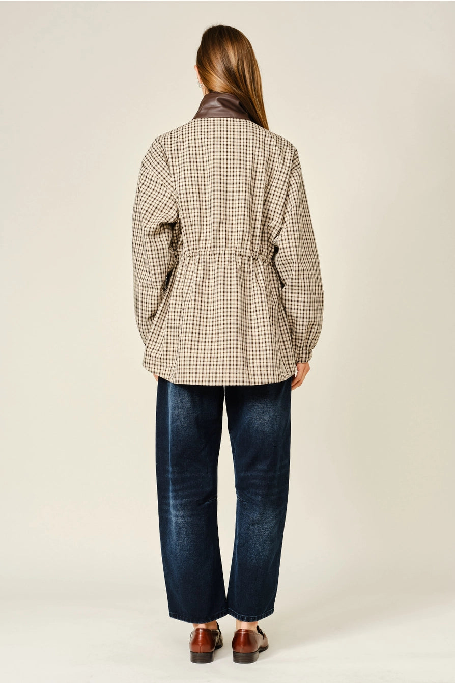 Plaid Faux Leather Mock Neck Detail Jacket