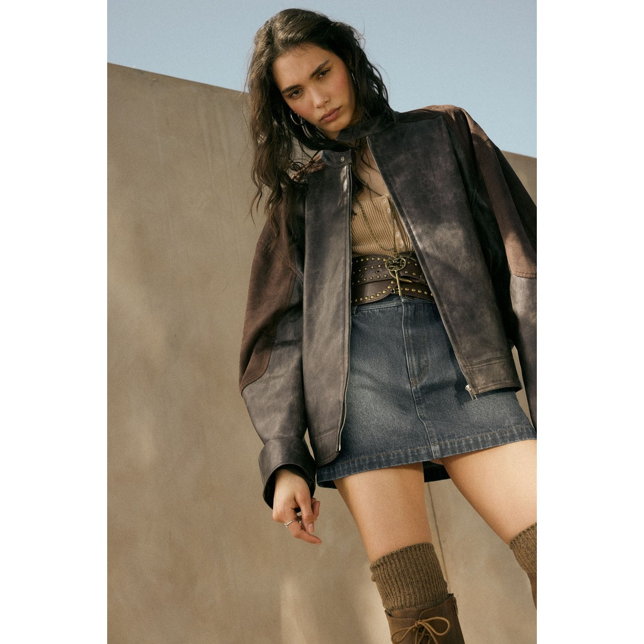 Espresso Faux Leather and Suede Barrel-Sleeve Jacket