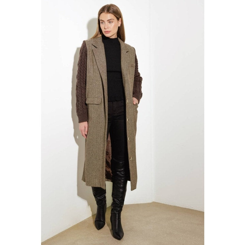 Tweed Sweater Knit Brown Combination Coat